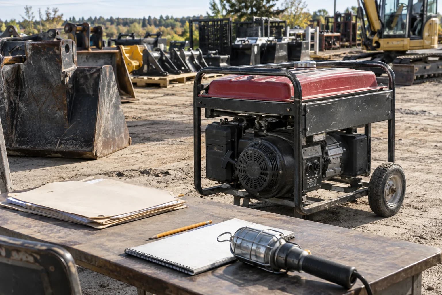 Used generator and maintenance records arranged for a pre-purchase inspection.
