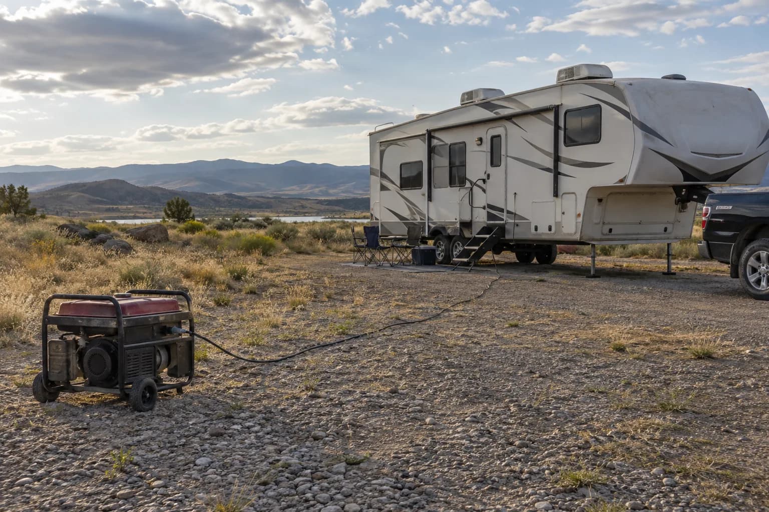 Fifth-wheel RV with two roof air conditioners and a portable generator across an open gravel campsite