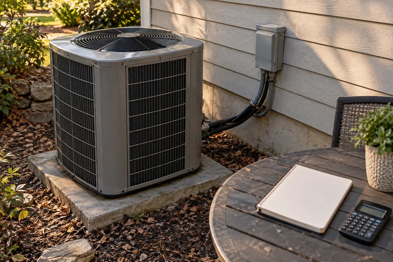 Closed central-air condenser with planning notebook and calculator outdoors.