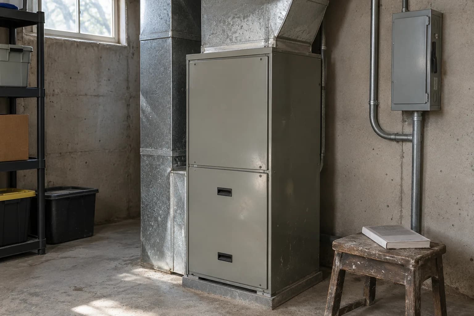 A closed electric furnace with intact ductwork and electrical conduit in a residential utility room.