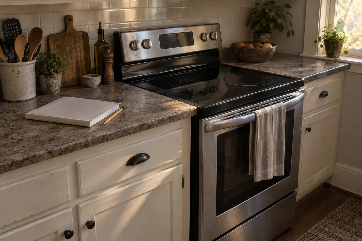 An off electric range with its oven door closed and appliance documentation on the nearby counter.