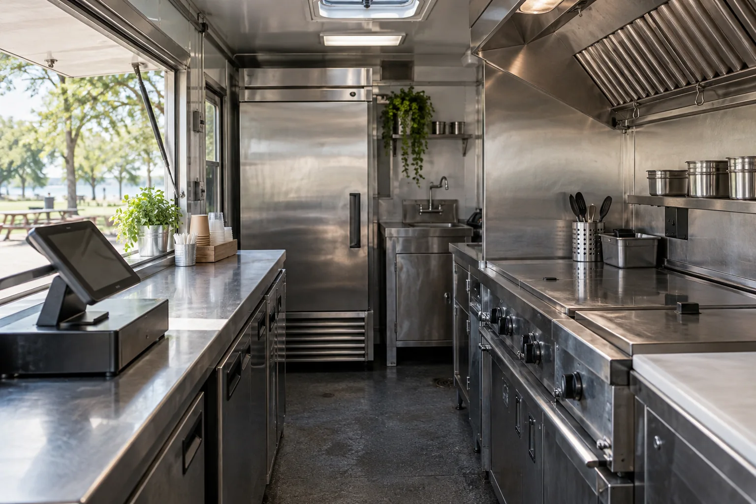 An empty food-truck kitchen with refrigeration, ventilation, a cooking station, and a point-of-sale terminal.