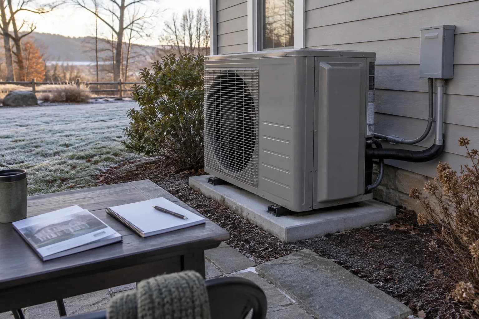 Closed outdoor heat pump with documentation for backup-heating load planning.