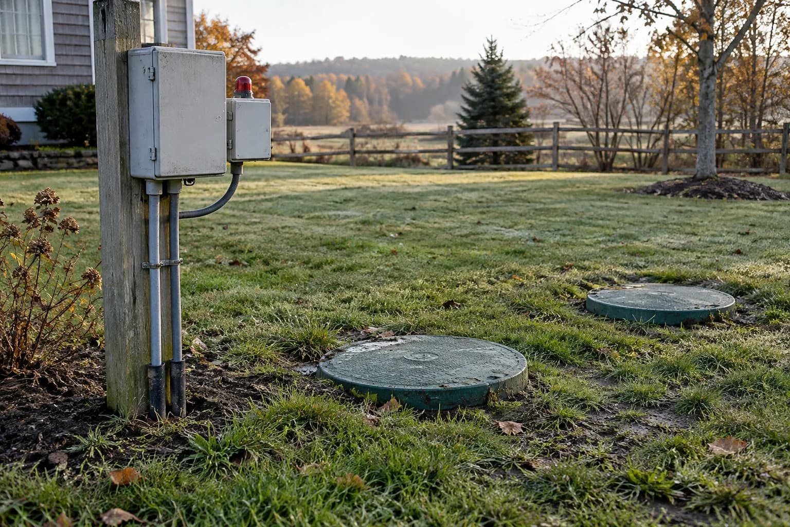 Closed septic pump control and alarm enclosures beside closed access covers in a rural yard.