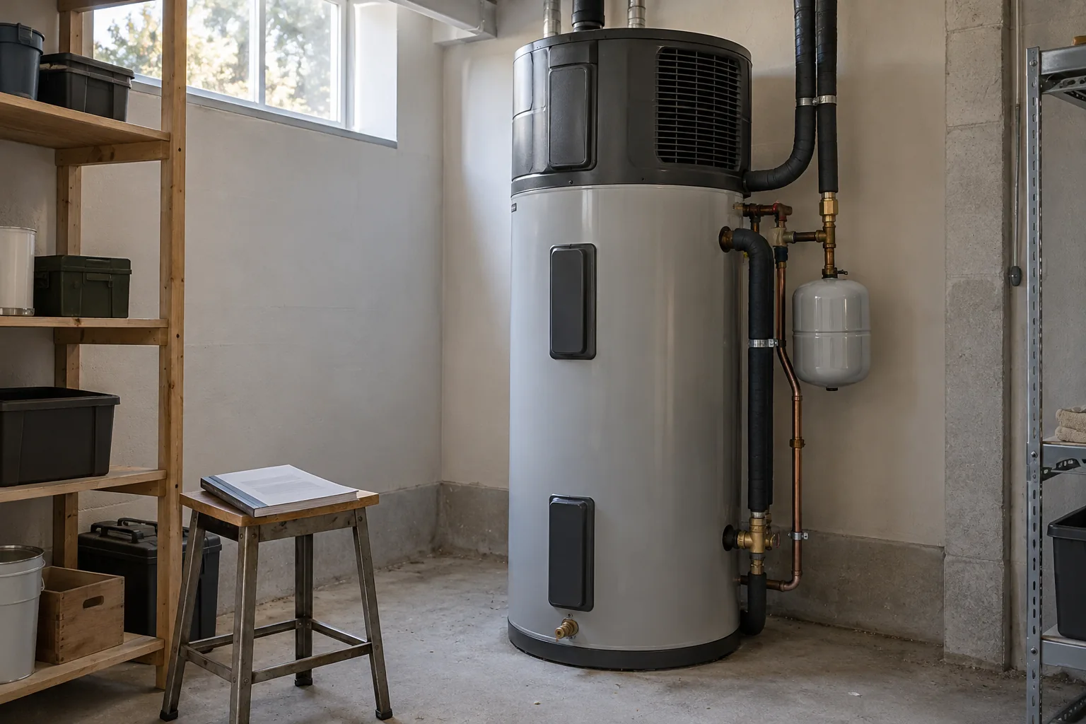 A heat-pump water heater with closed access panels and intact plumbing in a residential utility room.