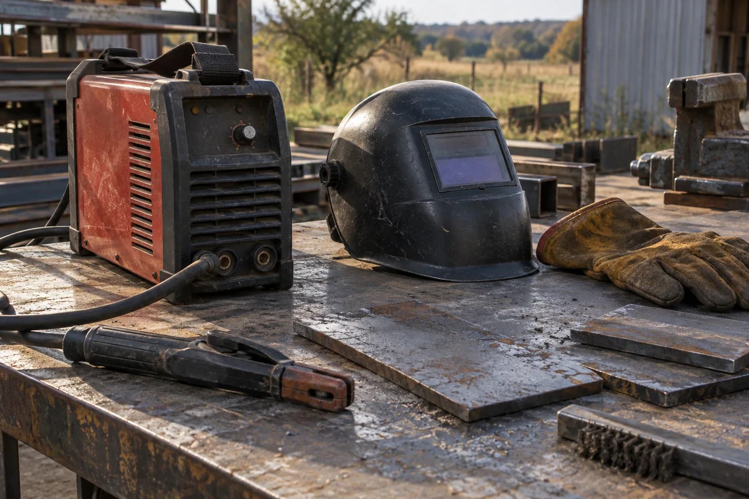 An unplugged portable welder with a welding helmet, gloves, and steel on an outdoor workbench.