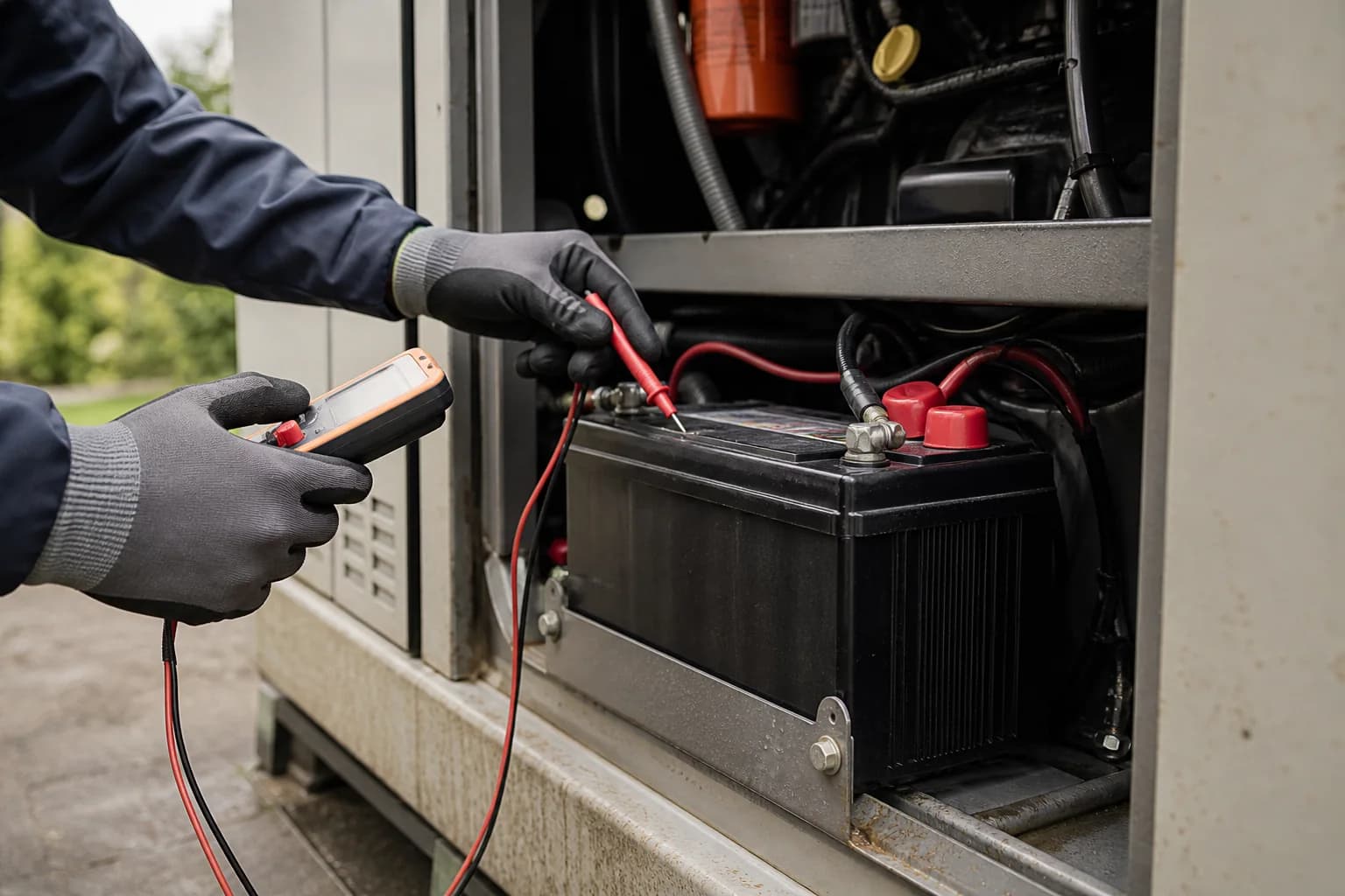 Technician testing a generator starting battery with a digital multimeter