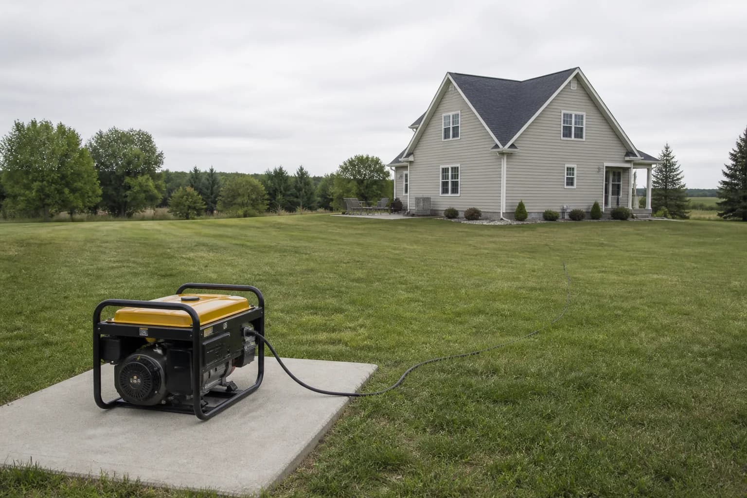 Portable generator positioned in open air at a substantial distance from a house
