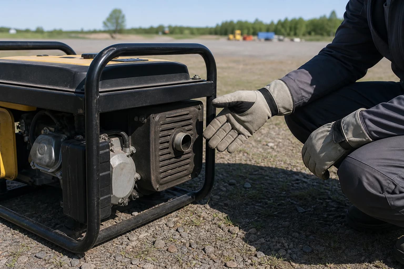Technician inspecting an unmodified portable generator exhaust outlet outdoors