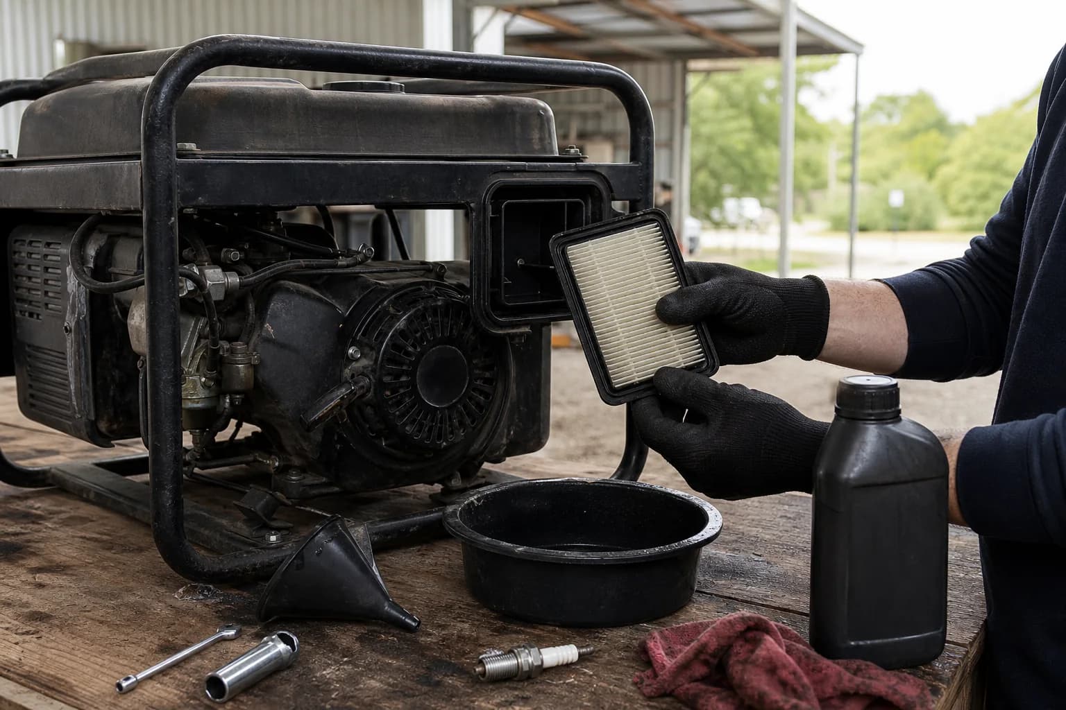 Technician performing scheduled maintenance on a shut-down portable generator
