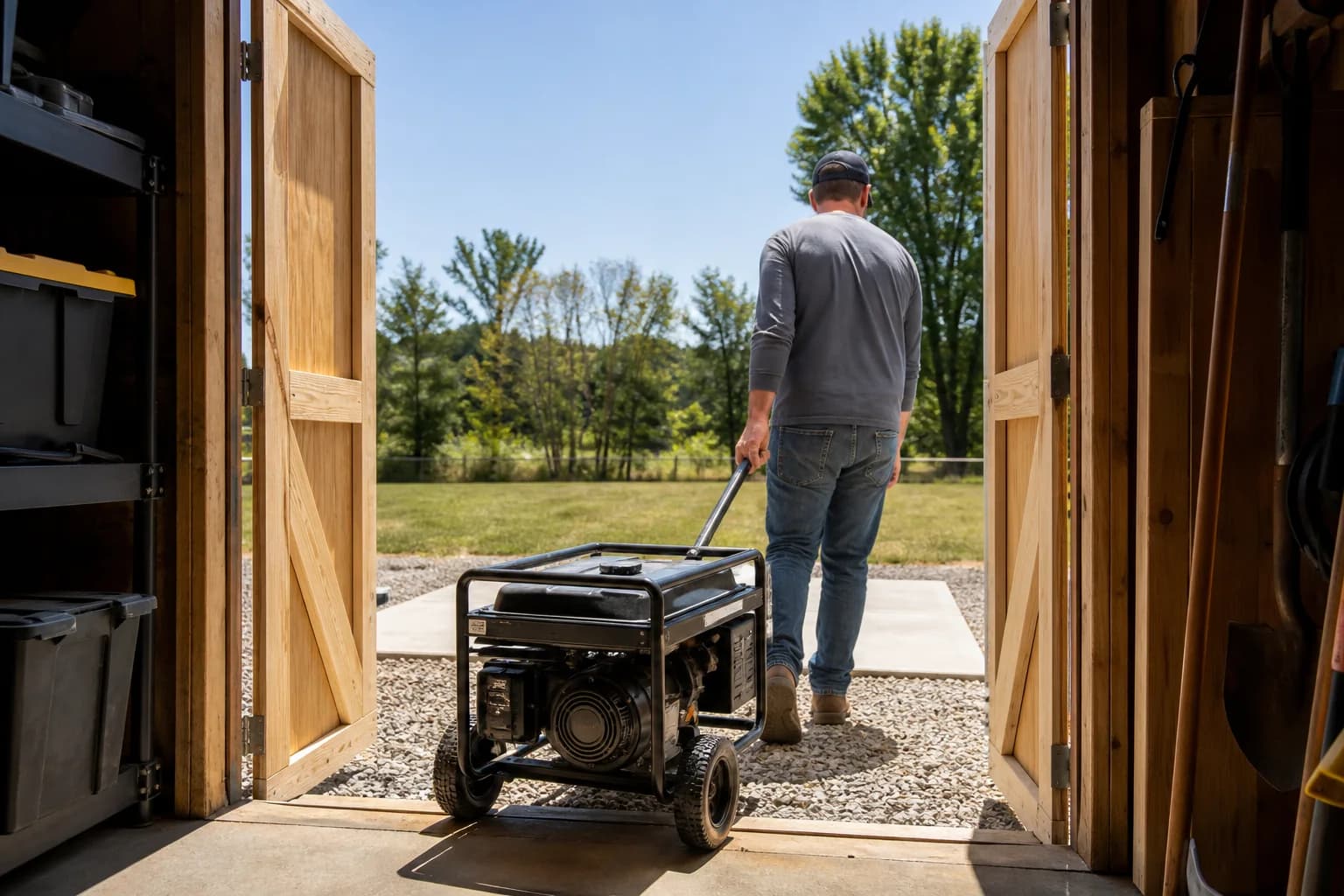 Portable generator being moved from a storage shed to an outdoor operating pad
