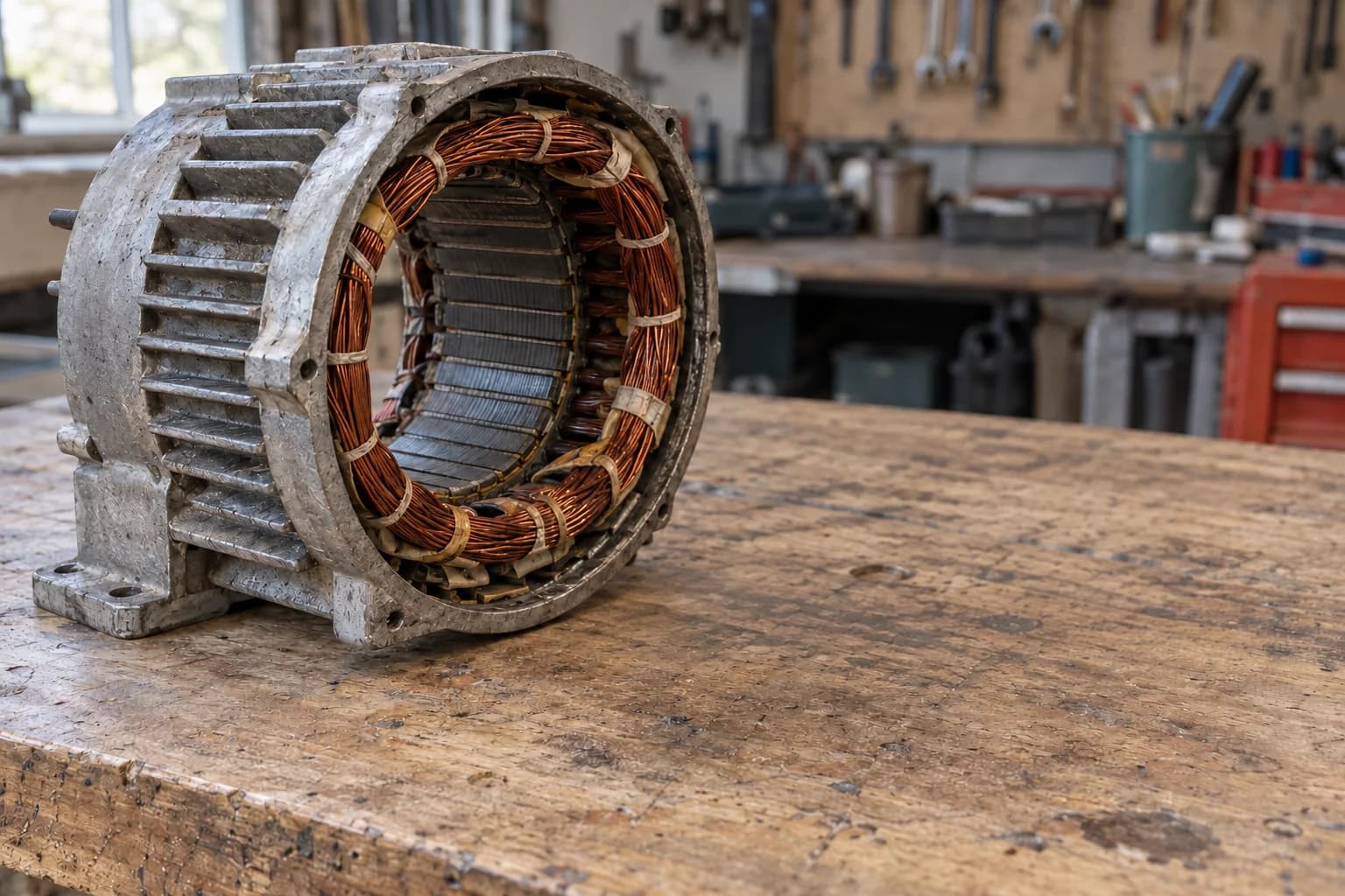 Detached alternator stator showing copper winding bundles inside a cast-metal housing on a worn workbench.