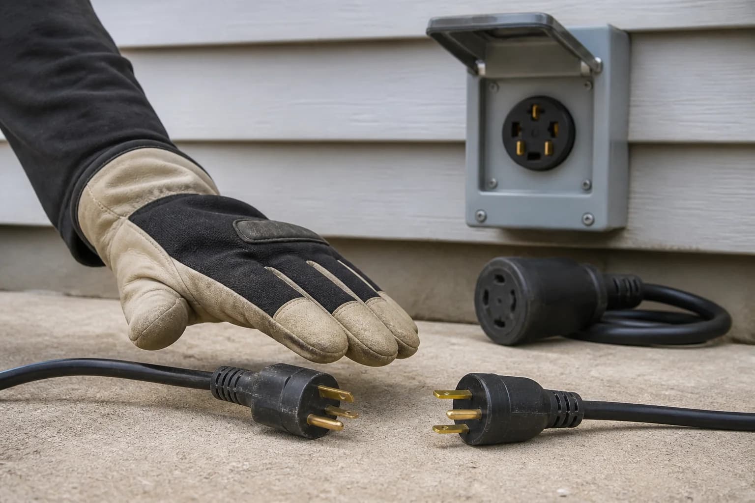 Disconnected double-male cord rejected beside an approved generator inlet connection