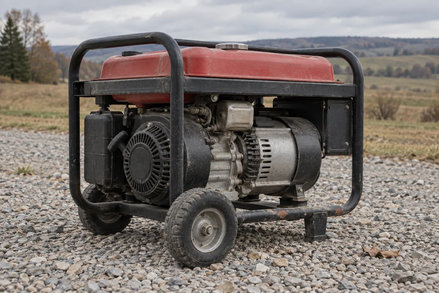 Used open-frame portable generator with its engine and alternator housing on outdoor gravel.