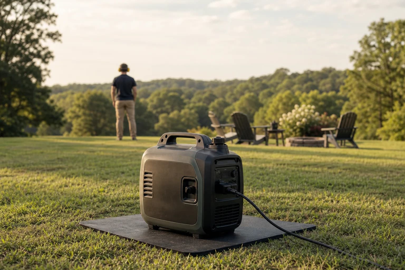 Portable inverter generator operating outdoors on an anti-vibration mat in an open area
