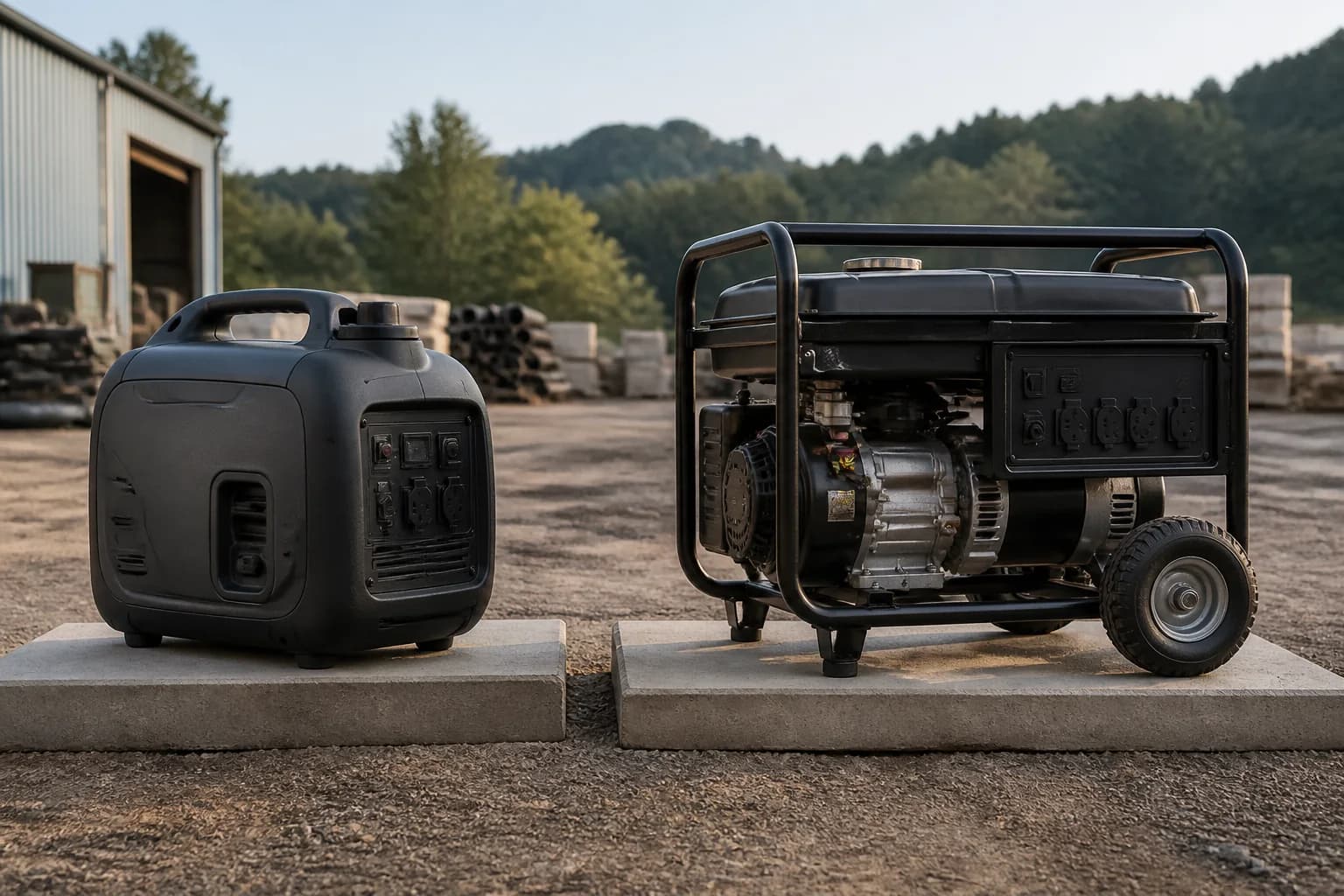 Compact inverter generator beside a conventional open-frame generator for scale comparison