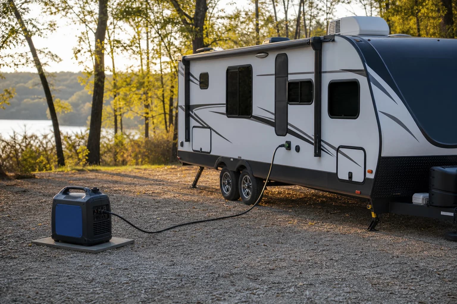 Travel trailer connected to a portable inverter generator at an outdoor campsite