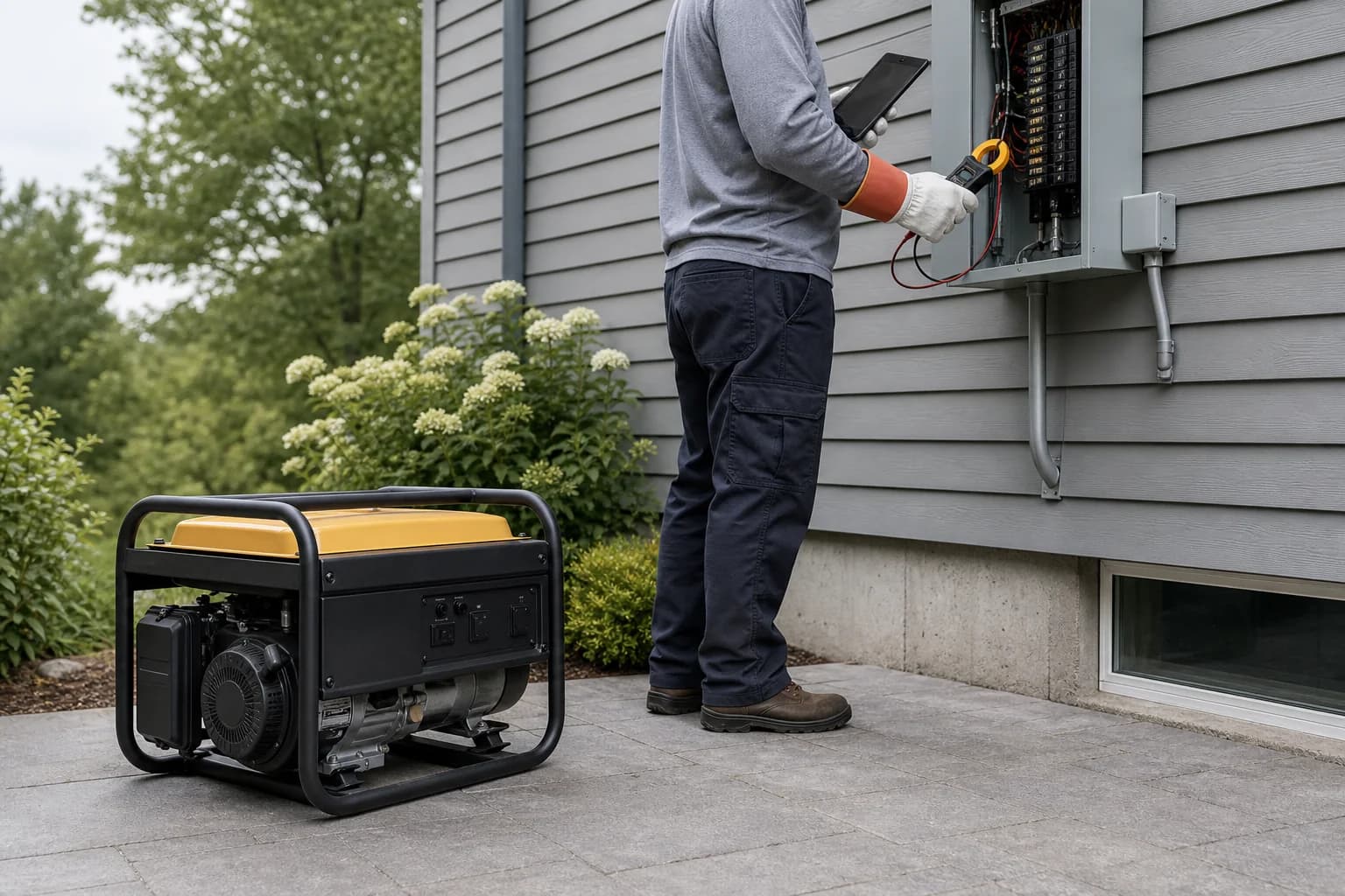 Electrician assessing home electrical loads beside a shut-down outdoor generator
